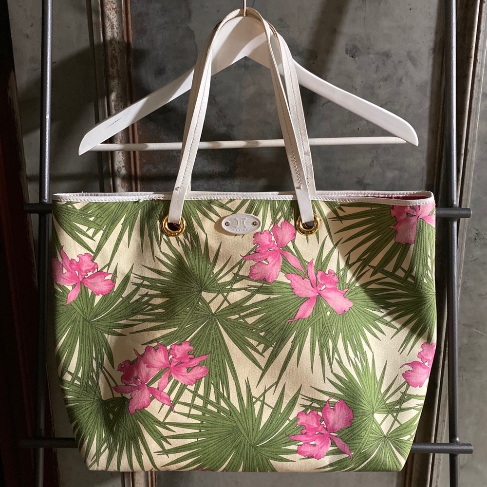 Celine Pink Hibiscus & Green Palm Beach Tote Bag